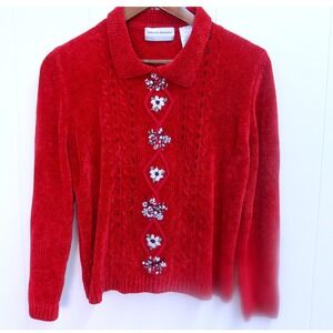 Alfred Dunner Petite Red Chenille Embroidered Collared Cardigan Sweater / #1218